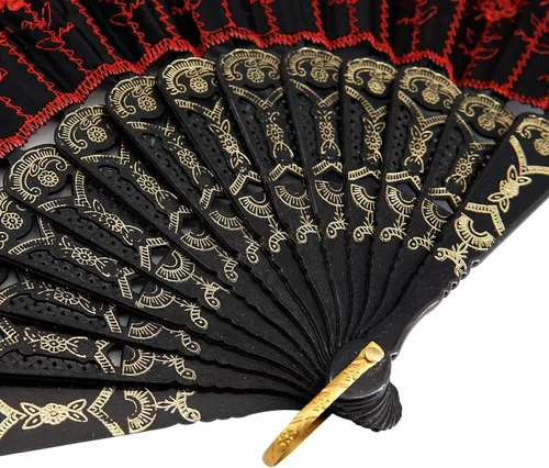 Miniatura 5 de InnoLife Elegante abanico de mano plegable con flores bordadas y patrón de pavo real con lentejuelas en tela artesanal (5 piezas, rojo)