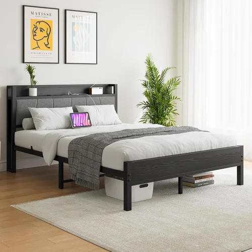 Miniatura 3 de BOFENG Base de cama Queen con cabecero, base de cama tapizada de metal con estación de carga, marco de cama tamaño Queen con almacenamiento,