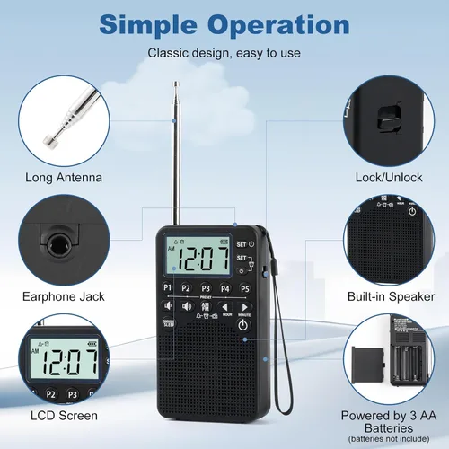 Miniatura 4 de Radio Portátil Operada con Pilas de Bolsillo AM/FM Sintonización Digital, Altavoz Fuerte, Excelente Recepción Radio Portátil de Emergencia y al