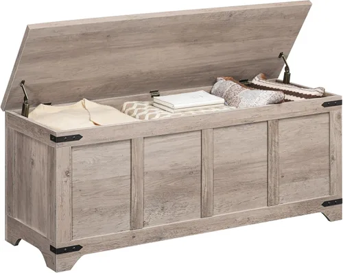 MAHANCRIS Cofre de almacenamiento, baúl de almacenamiento de 47.2" con 2 bisagras de seguridad, cofre de juguetes de madera, banco para zapatos de