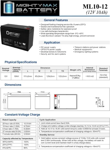 Miniatura 6 de Mighty Max Battery ML10-12 - Batería de repuesto SLA AGM de 12V 10AH compatible con Power Patrol SLA1097