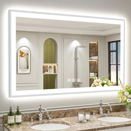 Miniatura 35 de 24x30 Espejo de baño LED con marco negro con luces, retroiluminado + iluminación frontal, espejo de tocador iluminado antivaho para pared de baño