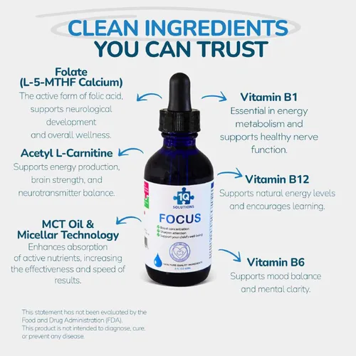 Miniatura 4 de 1Q Focus – Gotas naturales de apoyo cognitivo y cerebral líquido para niños Acetil L-carnitina + B1, B6, B12 y folato Sin azúcar, vegano, sin