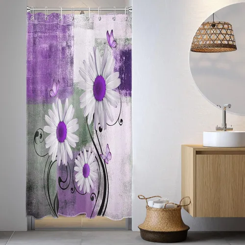 Miniatura 12 de Cortina de ducha floral con margaritas azules, flores blancas y mariposas en tela moderna abstracta geométrica gris para baño, 10 ganchos, 48 x 72