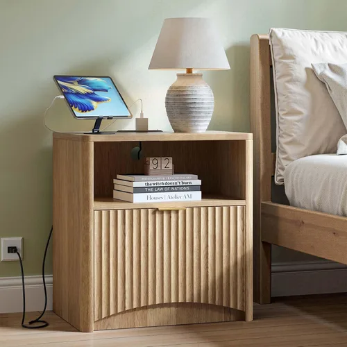 Miniatura 15 de Evermagin Mesita de noche acanalada, mesita de noche de roble natural con cajón y almacenamiento, mesa auxiliar de madera moderna de mediados