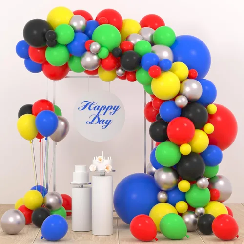 Kit de arco de guirnalda de globos de color rojo, azul, amarillo, verde, negro, plateado, 127 unidades, rojo, verde, azul, amarillo, negro, plateado