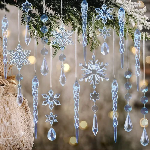 18 piezas de adornos de Navidad de cristal para decoraciones de árbol de Navidad - Adornos azules colgantes de copo de nieve y carámbano de acrílico