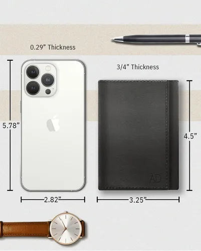 Miniatura 5 de Billetera de triple pliegue con RFID, cuero genuino, delgado, con ventana de identificación, bolsillo frontal, regalo para hombre