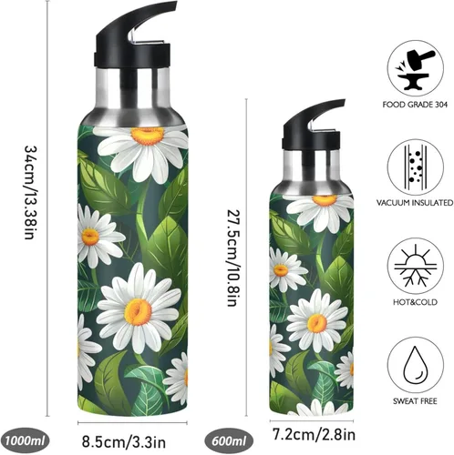 Miniatura 2 de BPA-Free Sports Water Bottle 32 Oz, Insulated Stainless Steel Water Bottle with Straw for Gym Outdoor Travel School, White Daisy Flowers Green Leaves