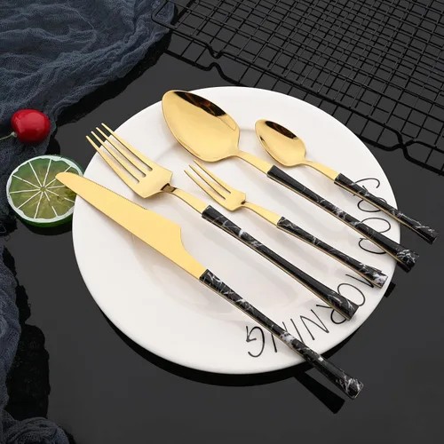 Miniatura 6 de JASHII Juego de cubiertos de acero inoxidable con textura de mármol, 24 piezas, tenedor de cuchillo, cuchara de té, cubiertos plateados para 6