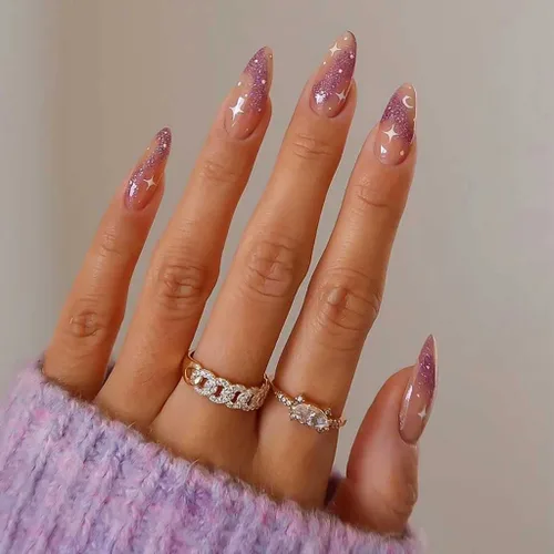RikView French Tip - Uñas acrílicas medianas a presión, uñas postizas de almendra, color piel y morado (24 unidades/juego)