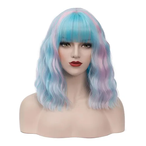 Miniatura 15 de BUFASHION Peluca rizada corta ondulada de 14 pulgadas para mujer, peluca sintética para cosplay, Halloween, peluca con flequillo lateral (negro)