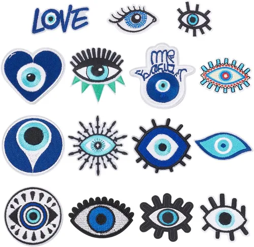 Miniatura 8 de AHANDMAKER 16 parches con patrón de ojos para ropa, apliques azules contra el mal de ojo, parches bordados para coser con hierro para ropa, Ojo Azul