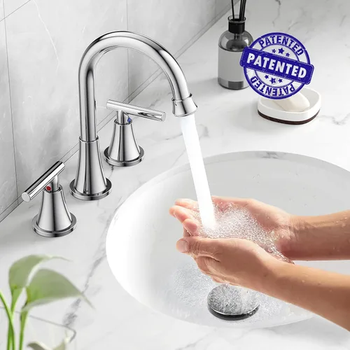 Miniatura 2 de Hurran - Grifos de baño para fregadero de 3 agujeros, grifo cromado para fregadero de baño con drenaje emergente y líneas de suministro, grifo Cromo