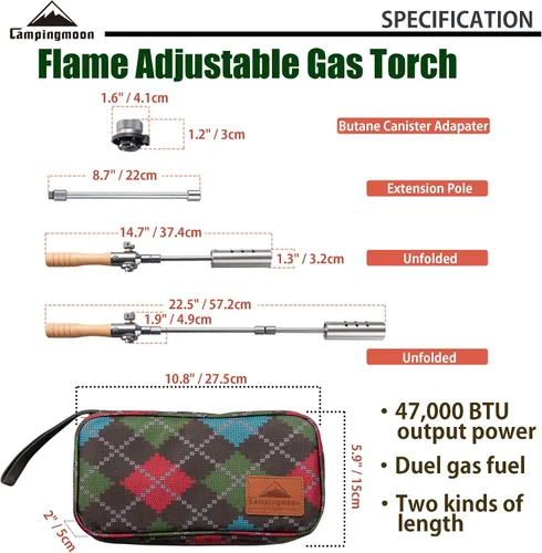 Miniatura 2 de Campingmoon - Antorcha para parrilla de campamento con cabezal de combustible doble, llama ajustable para principiantes de carbón con estuche