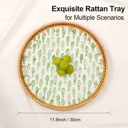 Miniatura 9 de Bandeja redonda de ratán con incrustaciones de nácar, bandeja de ratán para café, pan, frutas, bandeja decorativa de mimbre para decoración de mesa