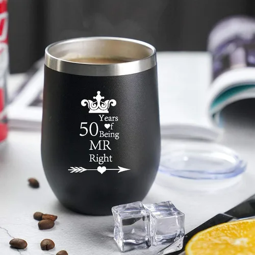 Miniatura 5 de Paquete de 2 vasos de vino de 50 años Mr Right Mrs Always Right 50 para bodas, compromisos, aniversarios, para parejas, padres, de acero inoxidable