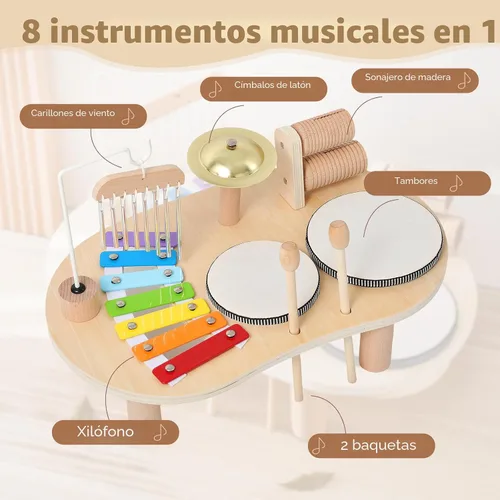 Miniatura 5 de Juego de batería de madera para niños pequeños de 1 a 3 años, instrumentos de percusión musical para niños, juego de batería para bebés, xilófono
