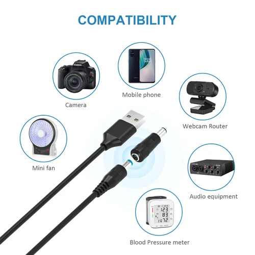 Miniatura 3 de Powseed Cable de alimentación de 5 V CC, cable de carga USB a CC con 10 enchufes adaptadores para cargar luz LED Pixel, USB-HUB, mini ventilador