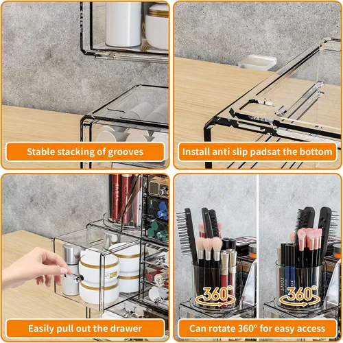 Miniatura 7 de SuoXing Paquete de 3 Organizadores de Maquillaje de Acrílico Transparente para Tocador con 9 Cajones, Organizadores de Cuidado de la Piel