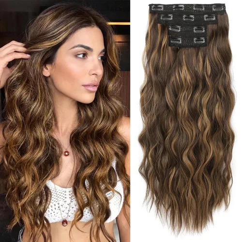Miniatura 24 de REECHO Extensiones de cabello con pinza, 4 piezas de extensiones de cabello rubio de 24" de largo, ondas de playa gruesas, HE003, trama de encaje