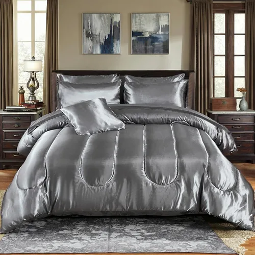 Miniatura 10 de Bedding_Dreamer Juego de edredón sedoso negro de satén en una bolsa, 8 piezas de ropa de cama sedosa de hotel de lujo con 1 edredón, 1 sábana