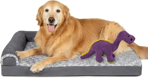 Miniatura 12 de Furhaven - Cama ortopédica de espuma para perros, de piel sintética y gamuza, en forma de L, en dos tonos estilo caja de huevos, color gris piedra