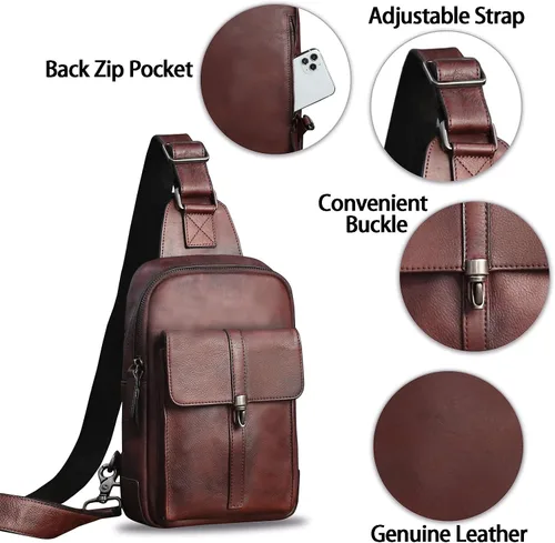 Miniatura 6 de IVTG Bolso bandolera de cuero genuino para hombres y mujeres vintage de piel de vaca real mochila bandolera bolsa de pecho, Café, Mochilas Sling