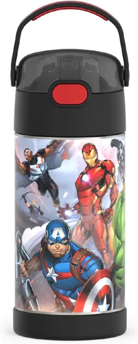 THERMOS FUNTAINER - Botella de agua con sorbete - 12 oz - Botella de agua de acero inoxidable con aislamiento al vacío para niños con tapa, Avengers