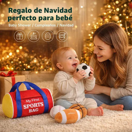 Miniatura 7 de KMUYSL Juguetes para bebés de 0 a 12 meses, mi primer bolso deportivo de peluche - 4 bolas sensoriales de juguetes suaves con crujido, sonajeros