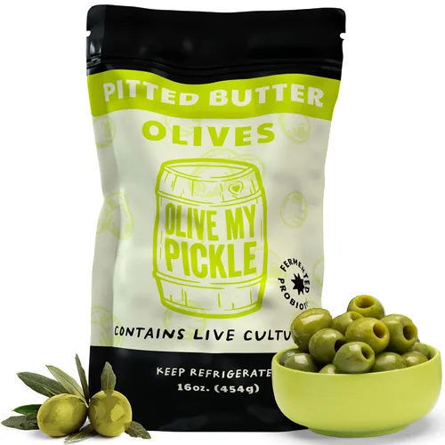 Olive My Pickle Green Olives - Mantequilla sin hueso de 16 onzas | 1 paquete de aceitunas Castelvetrano saludables de cultivo vivo sin hueso para la