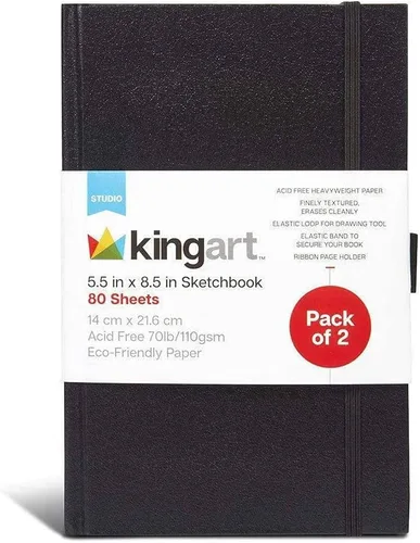 Miniatura 2 de KINGART Juego de cuaderno de bocetos de tapa dura, 5.5 x 8.5 pulgadas, paquete de 2, 80 hojas cada una (70 libras / 3.88 oz/m²), cuadernos negros