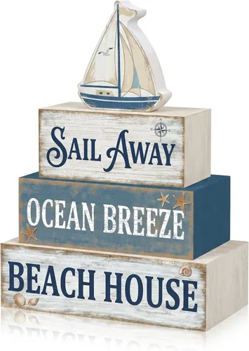 Miniatura 17 de 4 piezas de decoración de mesa de ancla costera para el hogar, decoración náutica de bandeja escalonada de playa, letreros de madera para la vida