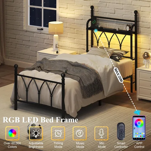 Miniatura 4 de E-Ser Marco de cama de plataforma de metal tamaño twin con cabecera de almacenamiento, marco de cama con luz LED, estación de carga integrada