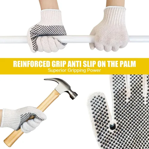 Miniatura 2 de GSAFEME Guantes de trabajo de seguridad, 12 pares de algodón con puntos de agarre antideslizantes para construcción, levantamiento de almacén, Con