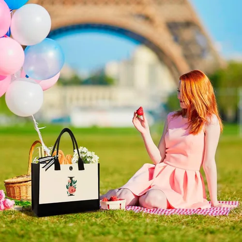 Miniatura 163 de Bolsa de lona con inicial, regalos de cumpleaños personalizados para mujeres, madres, amigas y profesoras, bolsas de mano con monograma adecuadas