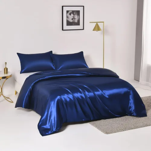 Miniatura 2 de Chanyuan Juego de ropa de cama azul tamaño individual de satén sedoso, funda de edredón lujosa y suave de microfibra, colección de ropa de cama