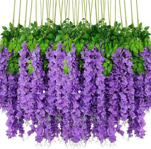 Miniatura 16 de Flores colgantes de glicinia, 12 paquetes de flores artificiales, vid de glicinia falsa de ratán, guirnalda colgante de seda, flores de cuerda