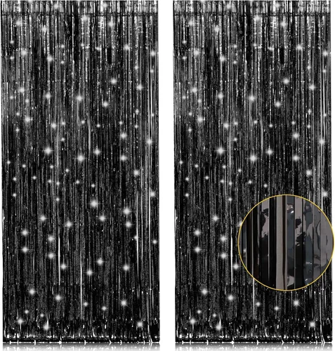 Paquete de 2 cortinas de flecos de lámina de oropel negras de 3.2 pies x 8.2 pies, cortinas de oropel metálicas para telón de fondo de cabina de