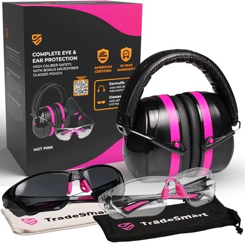 TradeSmart High-Performance Earmuffs for Shooting Range & Shooting Eye Protection Glasses + Firearm Confidence Course Transparente+tinte - Rosa