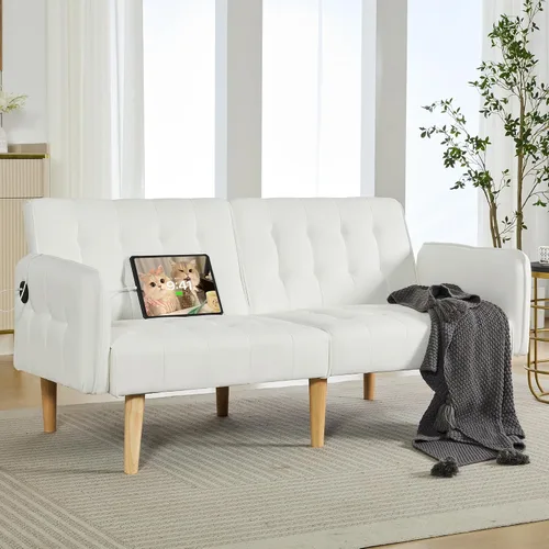 Miniatura 2 de TYBOATLE Sofá Cama Futon Plegable Convertible Tapizado en Cuero Sintético Blanco Moderno con USB, Sofá de 65", Muebles Sillones de Dos Plazas