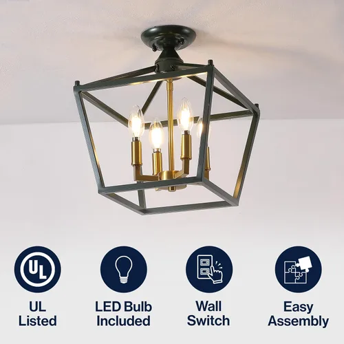 Miniatura 4 de JONATHAN Y Plains 12" Dark Green and Brass Gold 4-Light Iron Semi Flush Mount Lantern, Modern Farmhouse Open-Frame Pagoda with Metal Cage for