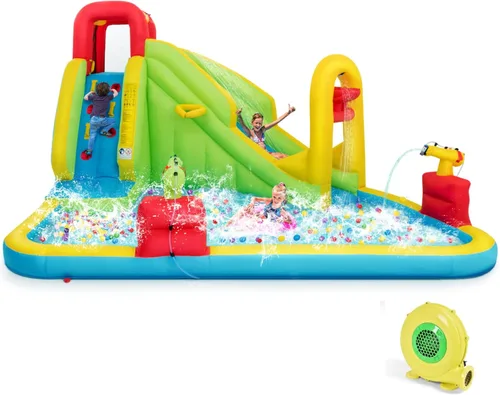 HONEY JOY Tobogán acuático inflable, parque acuático inflable 7 en 1 para patio trasero de niños, piscina de chapoteo, pared de escalada, toboganes