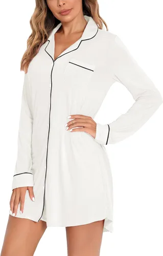 Miniatura 66 de Samring Camisón de pijama para mujer, manga corta/larga, con botones, camisón para dormir, camisón para novio, talla XXL