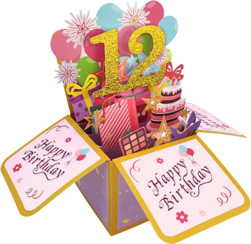 Asmallgf Dulce Tarjeta de Cumpleaños Desplegable del 12º Cumpleaños para Niña y Niño, Gran Regalo de Cumpleaños de 12 Años para Hija, Sobrina,