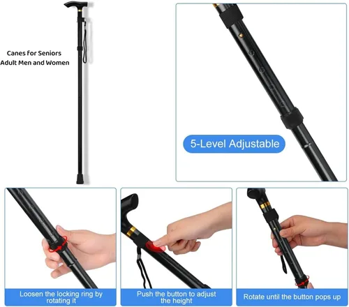 Miniatura 4 de Bastón de 5 niveles, bastones para caminar, bastones plegables plegables, ligeros, ajustables y de aluminio para personas mayores, adultos, hombres
