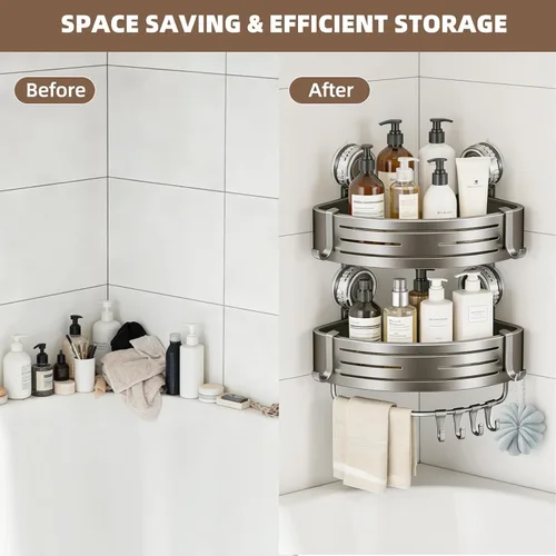 Miniatura 6 de Organizador de ducha de esquina, estante de pared de baño con ventosa, organizador de aluminio sin taladrar con ganchos, estante flotante