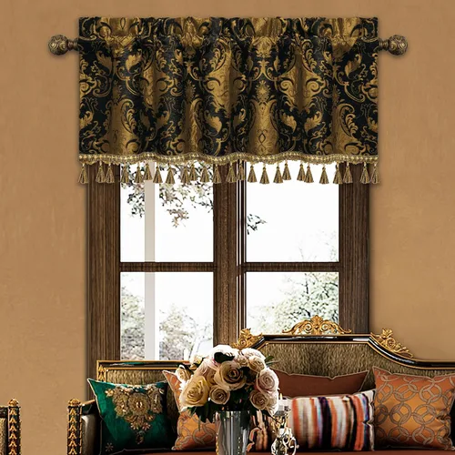 Miniatura 25 de Loom and Mill Cenefas de jacquard de lujo para ventana de sala de estar, elegante cenefa de cortina de damasco beige con ribete de cuentas, cortina