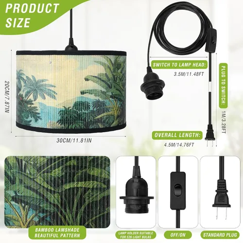 Miniatura 4 de Bioaqua - Sombra de lámpara de bambú, luces colgantes con cable enchufable (15 pies), lámpara colgante con patrón, luces colgantes boho para Lámpara
