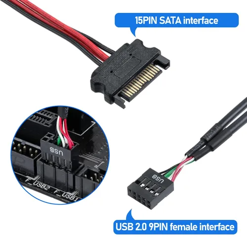 Miniatura 3 de Divisor de cabecera USB de 9 pines con cable de alimentación SATA, cable divisor USB 2.0 de 9 pines, USB macho 1 a 4 hembra, conector de extensión